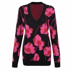 Chic V-Neck Sweater with Pink Floral Design